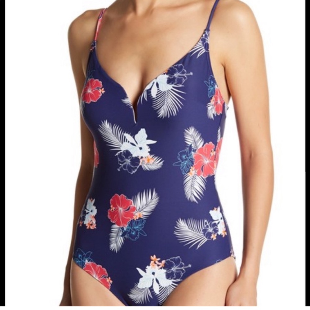 Onia one piece swimsuit bathing suit Hawaiian floral print blue and red